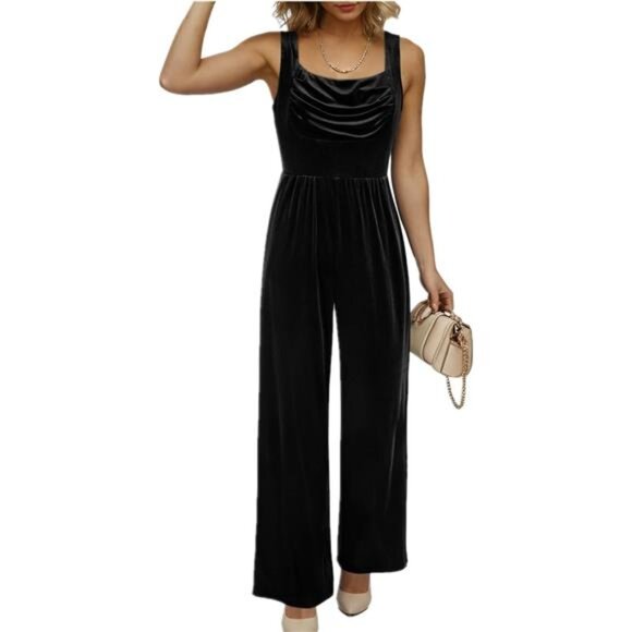 Women's Velvet Jumpsuit Winter Sleeveless Wide Leg Rompers Overall - Picture 1 of 6